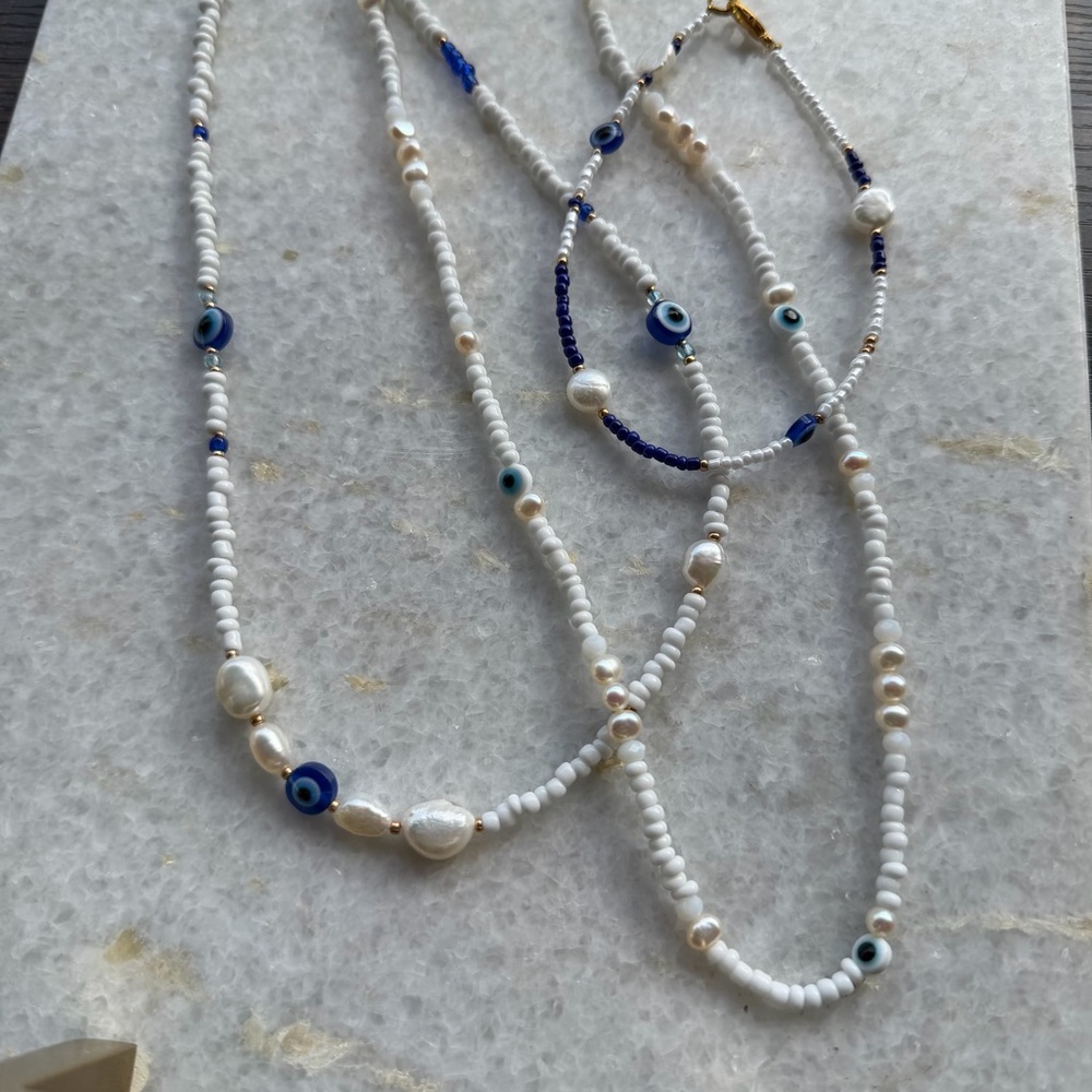 Evil Eye Freshwater Pearl Necklace & Anklet Bundle | Crystal | 3 Piece Set - Picture 4 of 7